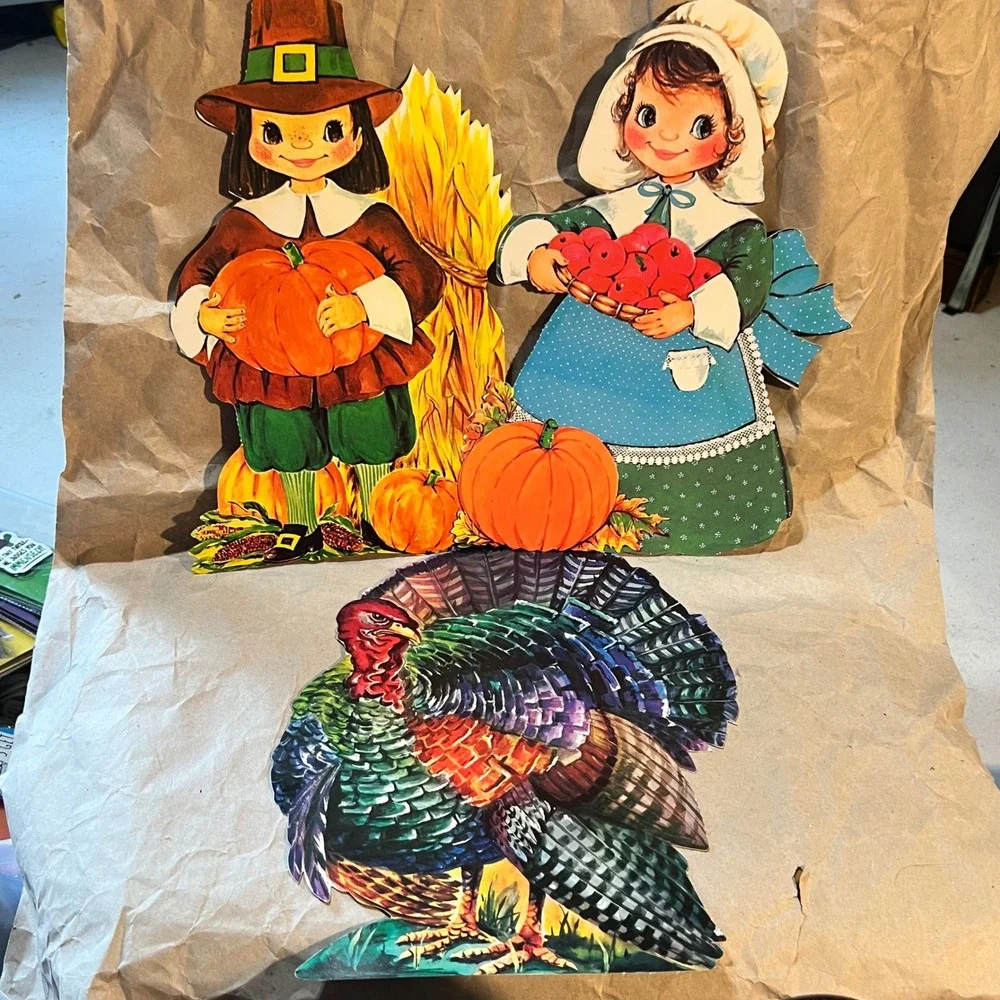 Vintage Thanksgiving Paper Cutouts 3pc Set Pilgrim Boy Girl Turkey Multi-Color